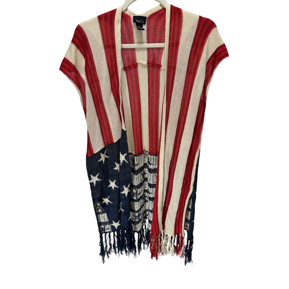 rue21 Vest Women Small Red American Flag Stars Stripes Fringe Patriotic Knit